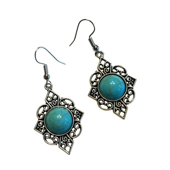 Pierced earrings silvertone faux turquoise blue stone drop dangle southwestern - Picture 5 of 5